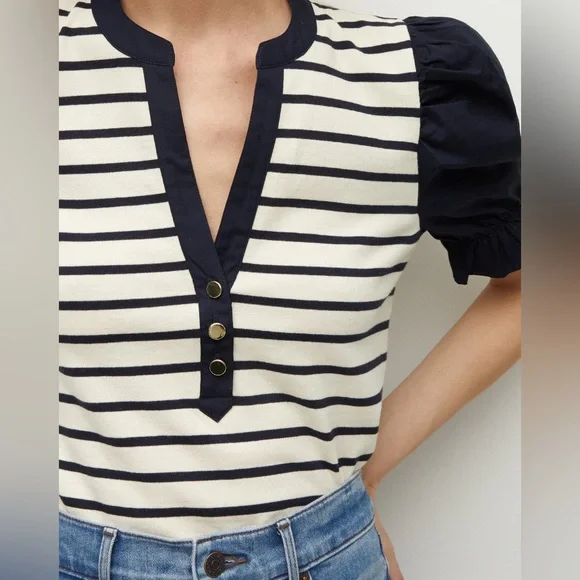 Veronica Beard Raegan Short Puff Sleeve Striped Top NWT - Picture 3 of 7